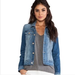 Mother Bruiser Cropped Distressed Jean Jacket in Love Gun